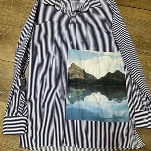 Striped Blue and White Men's Shirt with Mountain Print